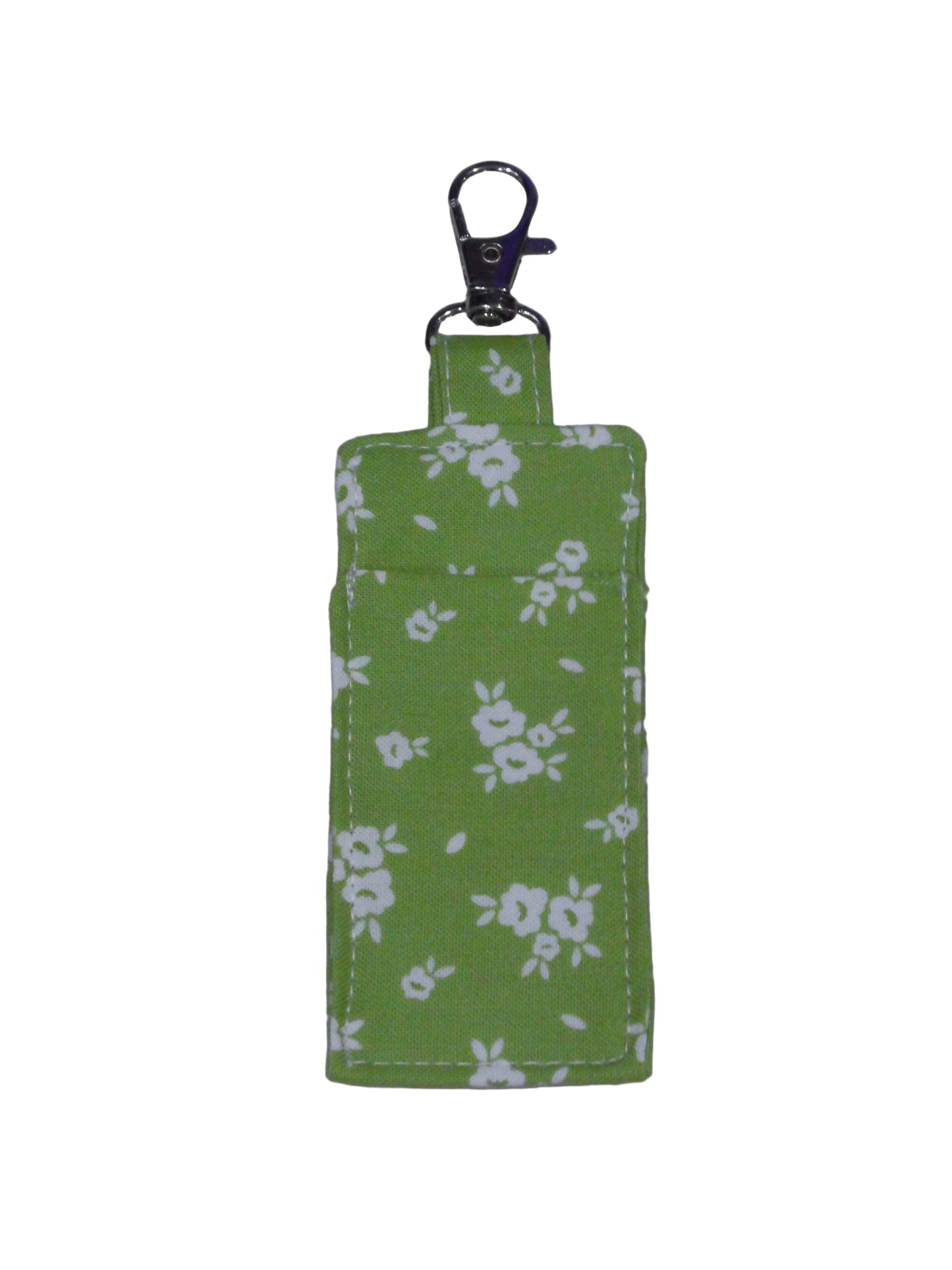 Green floral-patterned pouch with a keyring on a white background