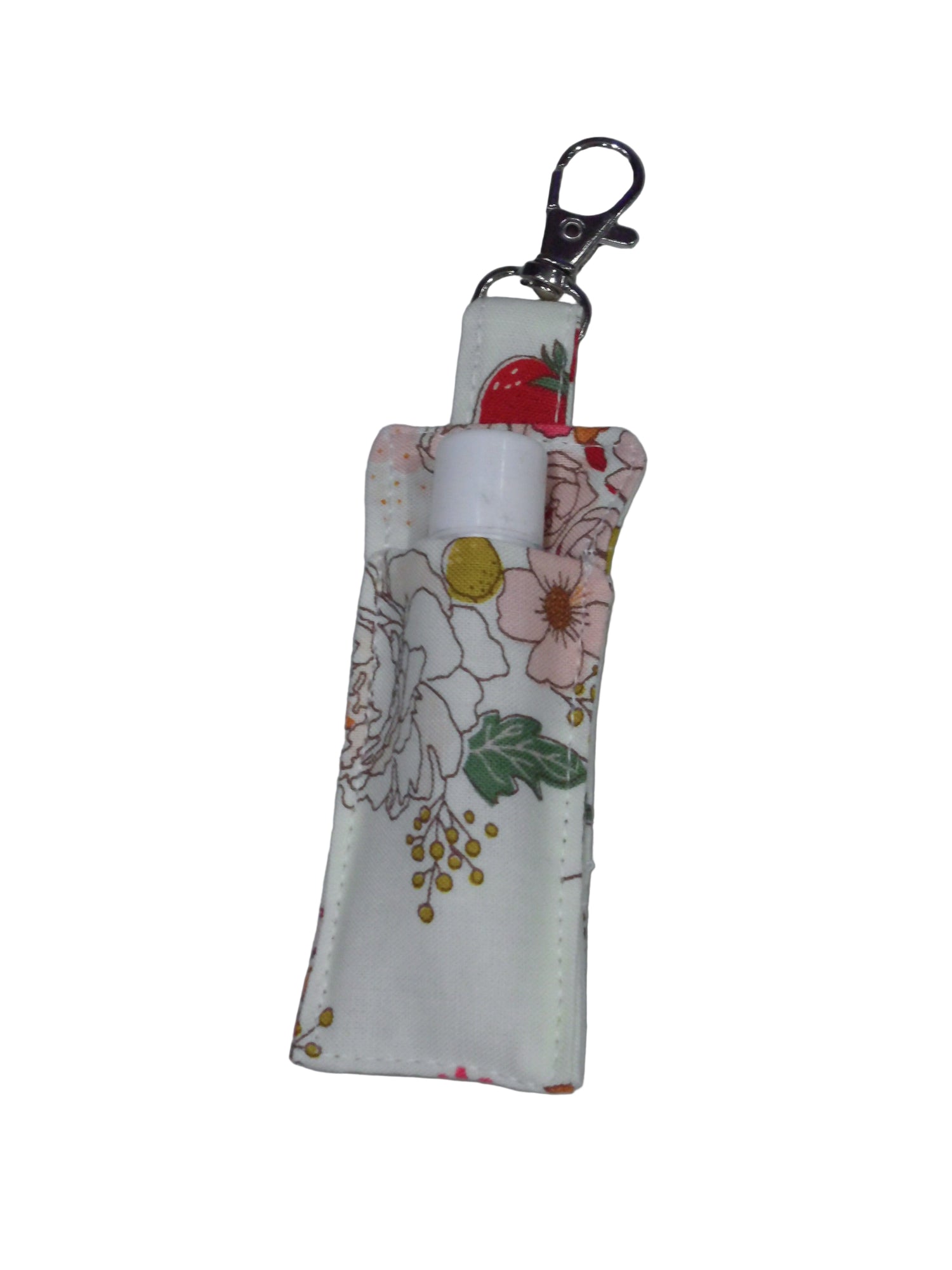 Floral-patterned lip balm holder with keychain clip on a white background